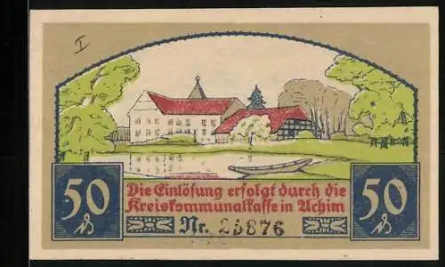 Notgeld Achim 1921, 50 Pfennig, Ortsansicht über den Weiher