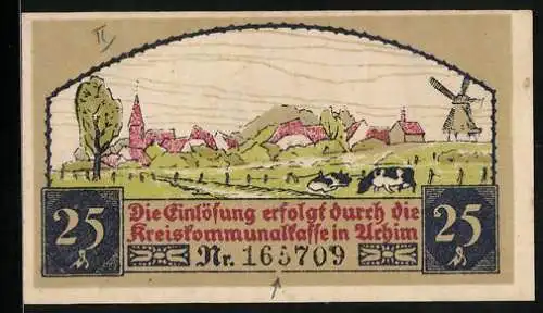 Notgeld Achim 1921, 25 Pfennig, Weidende Kühe vor der Ortschaft mit Windmühle