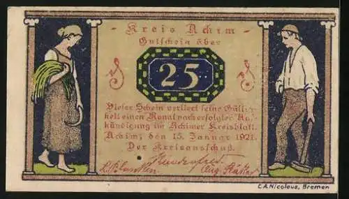 Notgeld Achim 1921, 25 Pfennig, Weidende Kühe vor der Ortschaft mit Windmühle