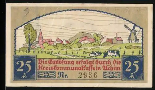 Notgeld Achim 1921, 25 Pfennig, Weidende Kühe vor der Ortschaft, Windmühle