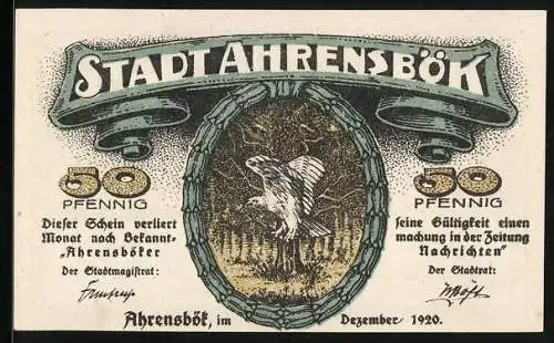 Notgeld Ahrensbök 1920, 50 Pfennig, Ortsansicht, weisser Adler im Wald