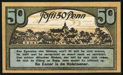 Notgeld Ahrensbök 1920, 50 Pfennig, Ortsansicht, weisser Adler im Wald