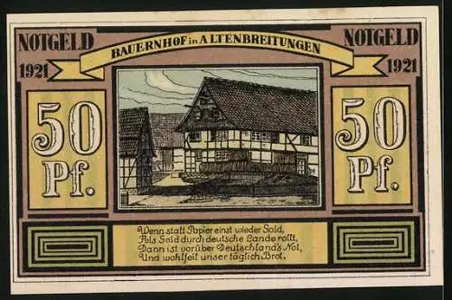 Notgeld Frauenbreitungen 1921, 50 Pfennig, Bauernhof in Altenbreitungen