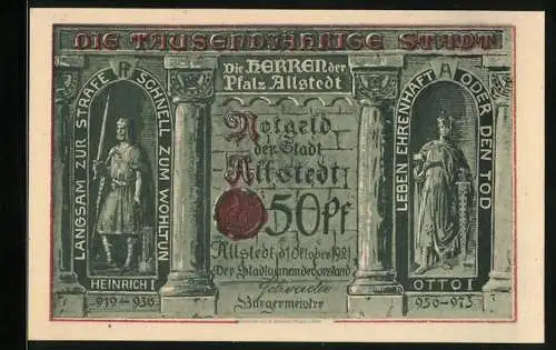 Notgeld Allstedt 1921, 50 Pfennig, Blick auf Sachsenburg, Kyffhäuser und Schloss, Heinrich I. und Otto I.