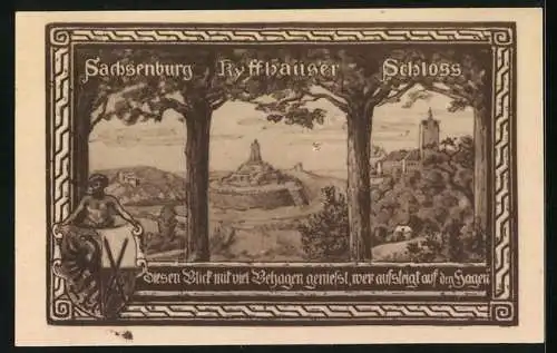 Notgeld Allstedt 1921, 50 Pfennig, Blick auf Sachsenburg, Kyffhäuser und Schloss, Heinrich I. und Otto I.