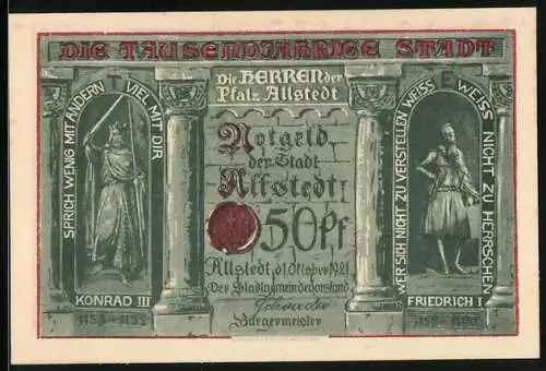 Notgeld Allstedt 1921, 50 Pfennig, Das Rathaus, Konrad III., Friedrich I.