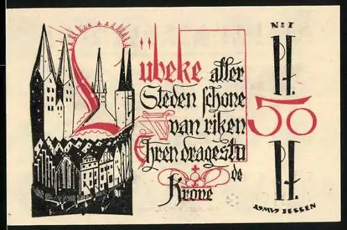 Notgeld Lübeck 1921, 50 Pfennig, Stilisierte Ansicht der Stadt