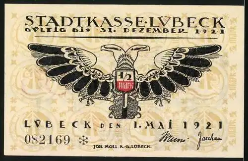 Notgeld Lübeck 1921, 50 Pfennig, Stilisierte Ansicht der Stadt