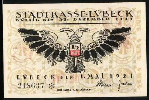 Notgeld Lübeck 1921, 50 Pfennig, Kirche mit 5 Türmen