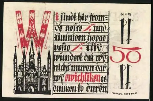 Notgeld Lübeck 1921, 50 Pfennig, Kirche mit 5 Türmen