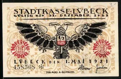 Notgeld Lübeck 1921, 50 Pfennig, Lübsche Adler, Holsten-Tor