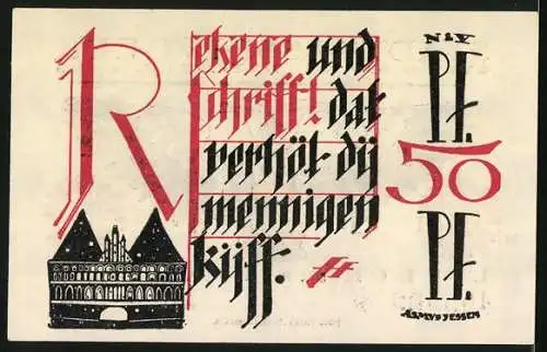 Notgeld Lübeck 1921, 50 Pfennig, Lübsche Adler, Holsten-Tor