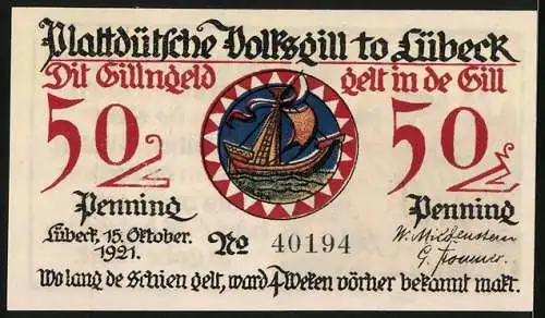 Notgeld Lübeck 1921, 50 Pfennig, Seemann am Steuerrad