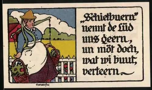 Notgeld Lübeck 1921, 50 Pfennig, Bäuerin in Tracht mit zwei Körben voll Pflanzen