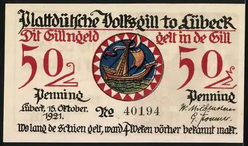 Notgeld Lübeck 1921, 50 Pfennig, Grosser Mann mit Zylinder
