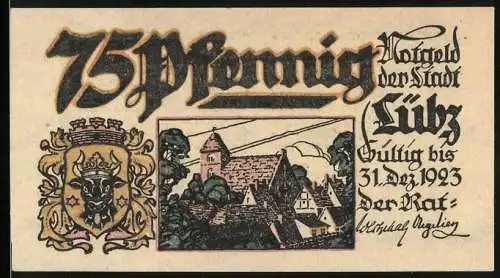 Notgeld Lübz 1923, 75 Pfennig, Ortsansicht mit Rathaus