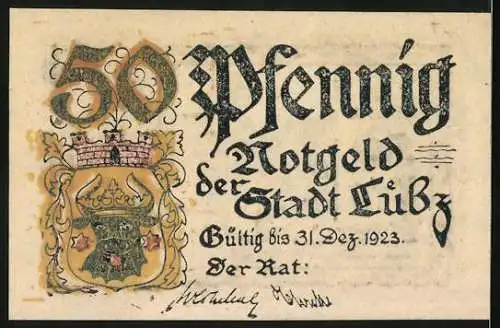 Notgeld Lübz 1923, 50 Pfennig, Ordnungshüter gibt bekannt, wann das Notgeld die Gültigkeit verliert