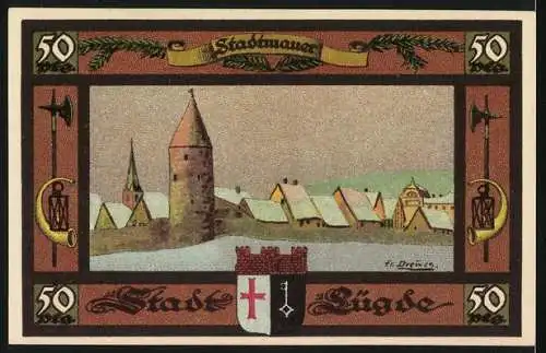 Notgeld Lügde 1921, 50 Pfennig, Ortsansicht mit der Stadtmauer