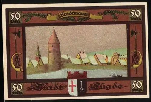 Notgeld Lügde 1921, 50 Pfennig, Die Stadtmauer im Winter