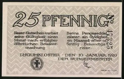 Notgeld Lügumkloster 1920, 25 Pfennig, Bischofs-Konterfei