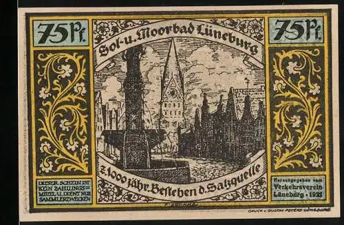 Notgeld Lüneburg 1921, 75 Pfennig, Ortsansicht mit Blick zur Kirche, Gilbrecht befreit Hildegund