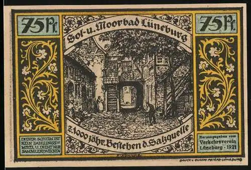Notgeld Lüneburg 1921, 75 Pfennig, Partie am Roten Hahn, Henneberg wird zum Ratsherrn gewählt