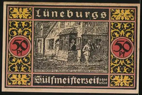 Notgeld Lüneburg 1921, 50 Pfennig, Ortspartie mit Anwohnern, Daniel verlässt die Löwengrube