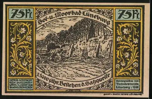 Notgeld Lüneburg 1921, 75 Pfennig, Reste der alten Stadtmauer, Henneberg klagt seinen Sohn Gilbrecht an