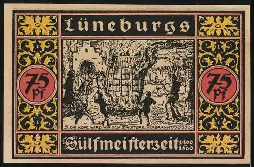 Notgeld Lüneburg 1921, 75 Pfennig, Der Viskulenhof, Die Kope wird verbrannt