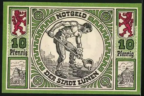 Notgeld Lünen 1921, 10 Pfennig, Eisengiesser bei der Arbeit