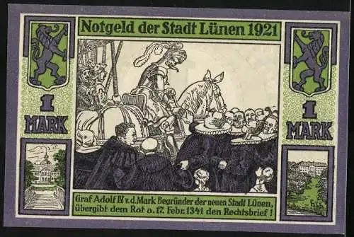 Notgeld Lünen 1921, 1 Mark, Graf Adolf v. d. Mark übergibt dem Rat den Rechtsbrief, 1341