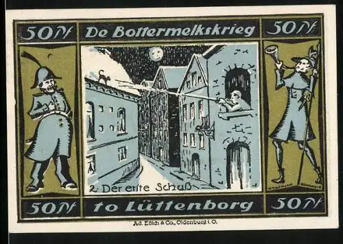 Notgeld Lütjenburg, 50 Pfennig, Buttermlichskrieg, der erste Schuss