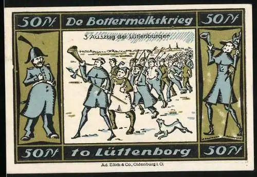 Notgeld Lütjenburg, 50 Pfennig, Buttermlichskrieg, Auszug der Lütjenburger