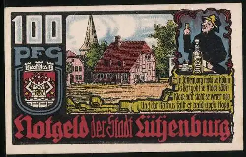 Notgeld Lütjenburg 1921, 100 Pfennig, Das Rathaus, Ortsansicht mit Teich