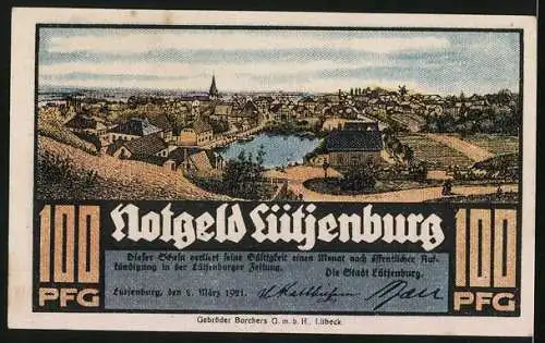 Notgeld Lütjenburg 1921, 100 Pfennig, Das Rathaus, Ortsansicht mit Teich
