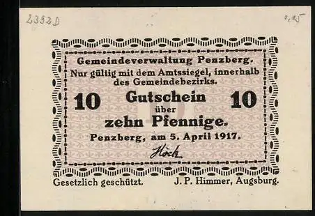 Notgeld Penzberg 1917, 10 Pfennig, Gedruckt von J. P. Himmer in Augsburg