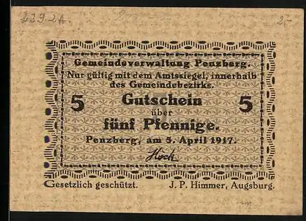 Notgeld Penzberg 1917, 5 Pfennig, Gedruckt von J. P. Himmer in Augsburg