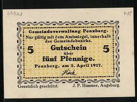 Notgeld Penzberg 1917, 5 Pfennig, Gedruckt von J. P. Himmer in Augsburg