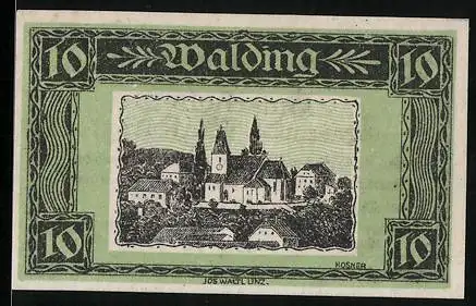Notgeld Walding 1920, 10 Heller, Ortsansicht mit zentraler Kirche