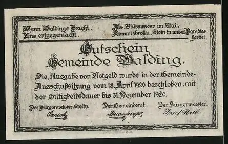 Notgeld Walding 1920, 10 Heller, Ortsansicht mit zentraler Kirche