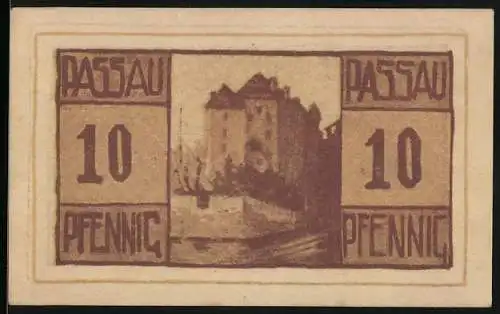 Notgeld Passau, 10 Pfennig, Ortspartie an einer Mauer