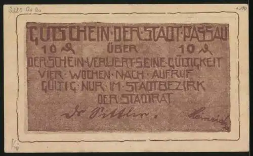 Notgeld Passau, 10 Pfennig, Ortspartie an einer Mauer