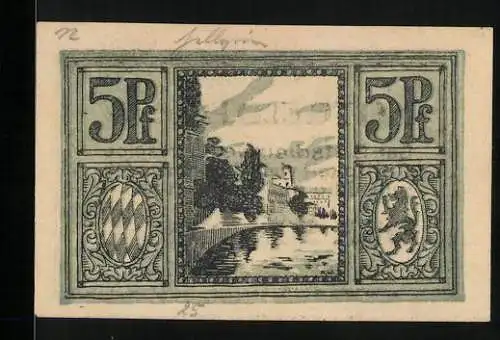 Notgeld Passau, 5 Pfennig, Flusspartie mit Ortsblick