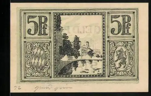 Notgeld Passau, 5 Pfennig, Flusspartie mit Blick zur Stadt