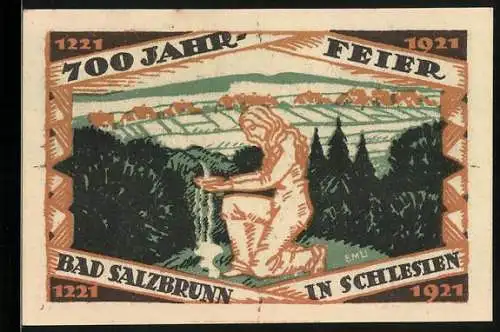 Notgeld Bad Salzbrunn 1921, 50 Pfennig, Frau schöpft Wasser an der Quelle