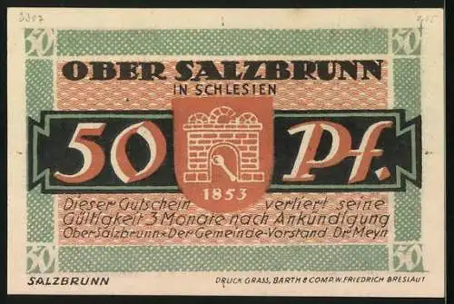 Notgeld Bad Salzbrunn 1921, 50 Pfennig, Frau schöpft Wasser an der Quelle