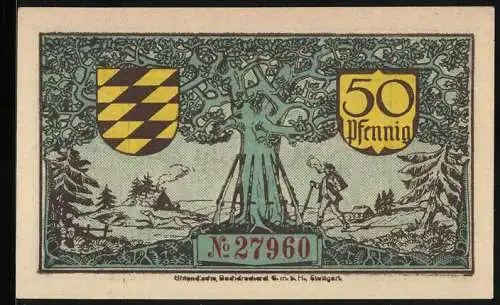 Notgeld Oberndorf a. N. 1918, 50 Pfennig, Wanderer mit Gehstock und Pfeife, Gewehre lehnen am Baum