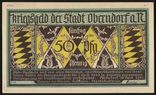 Notgeld Oberndorf a. N. 1918, 50 Pfennig, Wanderer mit Gehstock und Pfeife, Gewehre lehnen am Baum