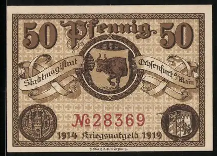 Notgeld Ochsenfurt a. M. 1919, 50 Pfennig, Wappen mit dem Ochsen, Kontroll-Nr. 28369