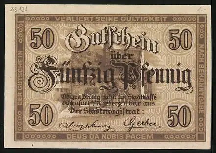 Notgeld Ochsenfurt a. M. 1919, 50 Pfennig, Wappen mit dem Ochsen, Kontroll-Nr. 28369